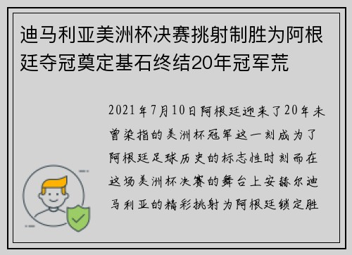 迪马利亚美洲杯决赛挑射制胜为阿根廷夺冠奠定基石终结20年冠军荒